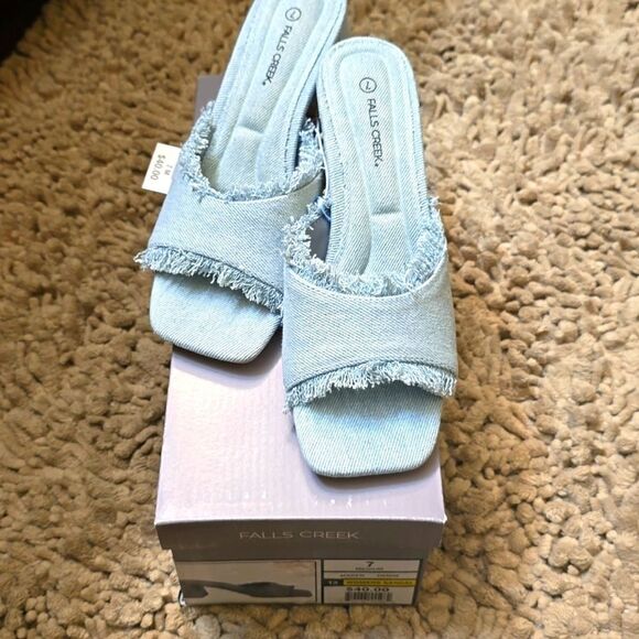 New Falls Creek women's size 7 Fringe Denim Slide 3‎ inch chunky Heel shoe - Picture 1 of 6